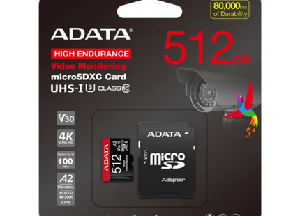 Memoria MicroSDXC ADATA High Endurance | 512GB | Clase 10 | UHS-I U3 | V30 | A2 | 100/85 MB/s | Con Adaptador SD