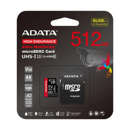 Memoria MicroSDXC ADATA High Endurance | 512GB | Clase 10 | UHS-I U3 | V30 | A2 | 100/85 MB/s | Con Adaptador SD