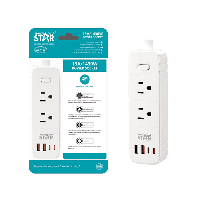Regleta Winning Star ST-3202U, 6 Puertos (2 AC / 2 USB / 2 USB-C)