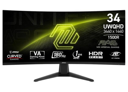 Monitor gaming MSI MAG 346CQ 34 pulgadas curvo vista frontal pantalla encendida mostrando interfaz gaming