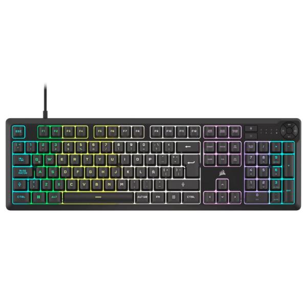 Teclado Gaming Corsair K55 Core RGB con retroiluminación multicolor vista frontal completa