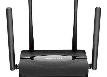 Router Mercusys MR25BE WiFi 7 vista frontal con antenas y luces LED