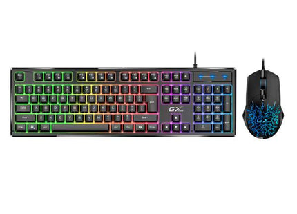 Teclado y mouse gaming Genius Scorpion KM-GX3 con iluminación RGB sobre fondo blanco
