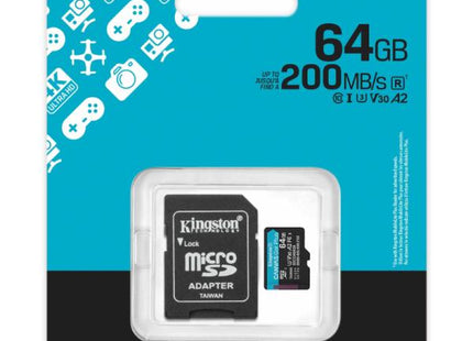 MEMORIA MICRO SD 64GB KINGSTON SDCG4/64GB CLASE 10 UHS-I V30 200 MB/S / 100 MB/S PARA DRONES Y CAMARAS DEPORTIVAS