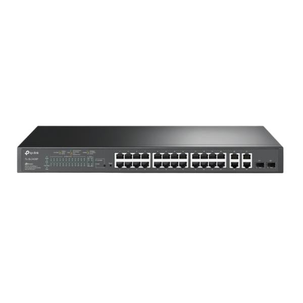 SWITCH TP LINK SL2428P(UN) 24 PUERTOS POE 10/100MBPS 2 PUERTOS GIGABIT RJ45 2 COMBO GIGABIT SFP 10/100/1000 MBPS ADMINISTRABLE (SMART / L2+)