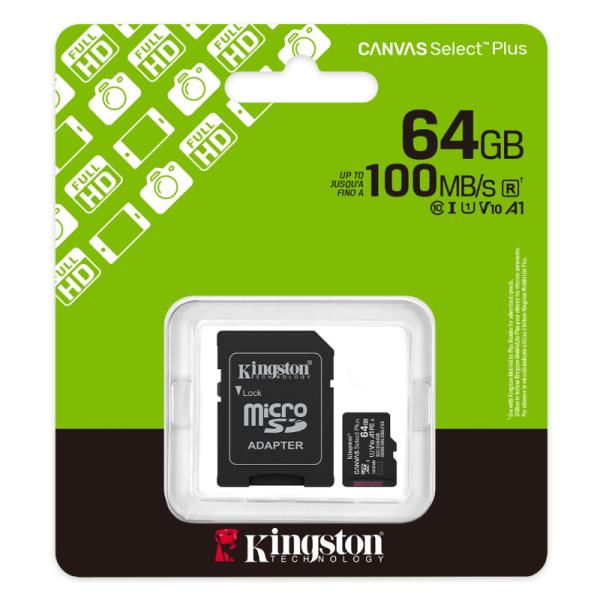 MEMORIA MICRO SD 64GB KINGSTON CLASE 10 UHS-I U1 100 MB/S PARA DISPOSITIVOS Y CAMARAS ANDROID