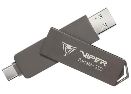 SSD externo Patriot PVP30 Duo 2TB vista frontal con conectores USB Type-C y Type-A