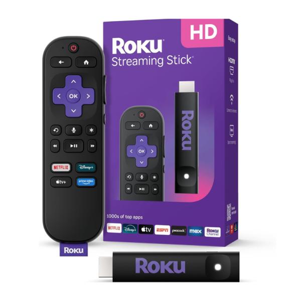 Roku Stick HD 2025 dispositivo streaming compacto con control remoto por voz