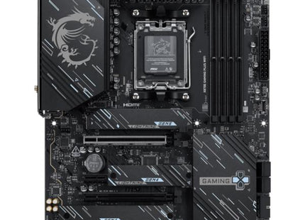 Vista completa empaque tarjeta madre MSI X870E Gaming Plus WiFi con accesorios