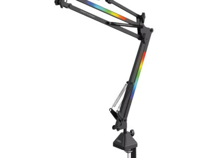 Soporte micrófono VX100 ajustable en altura mostrando mecanismo de regulación y diseño ergonómico lateral