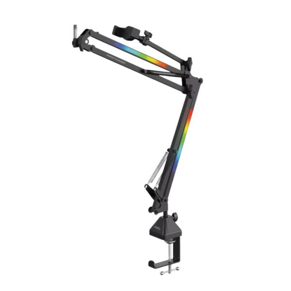 Soporte micrófono VX100 ajustable en altura mostrando mecanismo de regulación y diseño ergonómico lateral