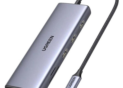 Hub USB-C UGREEN CM498 9 en 1 vista frontal con todos los puertos