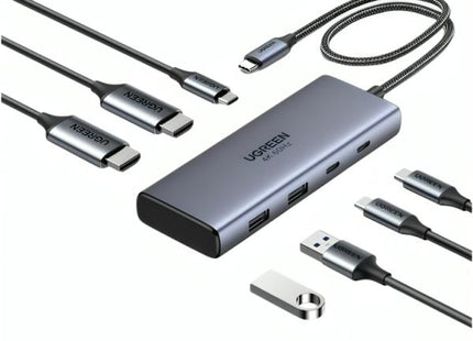 Hub UGREEN CM498 7 en 1 USB-C con puertos HDMI duales 4K60 y carga PD100W color gris vista frontal