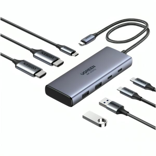 Hub UGREEN CM498 7 en 1 USB-C con puertos HDMI duales 4K60 y carga PD100W color gris vista frontal