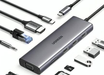 Hub USB-C UGREEN CM498 10 en 1 con múltiples puertos HDMI VGA USB y RJ45