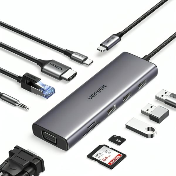 Hub USB-C UGREEN CM498 10 en 1 con múltiples puertos HDMI VGA USB y RJ45