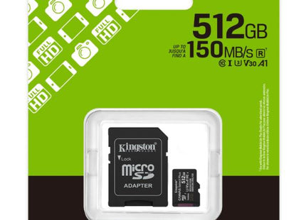 MEMORIA MICRO SD 512GB KINGSTON CLASE 10 UHS-I U3 150 MB/S PARA DISPOSITIVOS Y CAMARAS ANDROID SDCS3/512GB