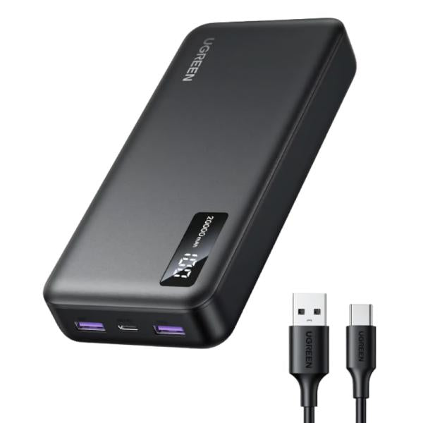 Power Bank UGREEN PB312 20000mAh negro con puertos USB-A y USB-C vista frontal