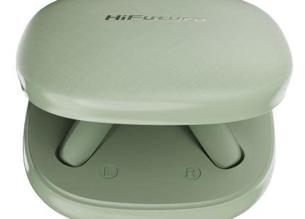 Audífonos HiFuture Sonic Core verdes con estuche de carga abierto mostrando los auriculares in-ear