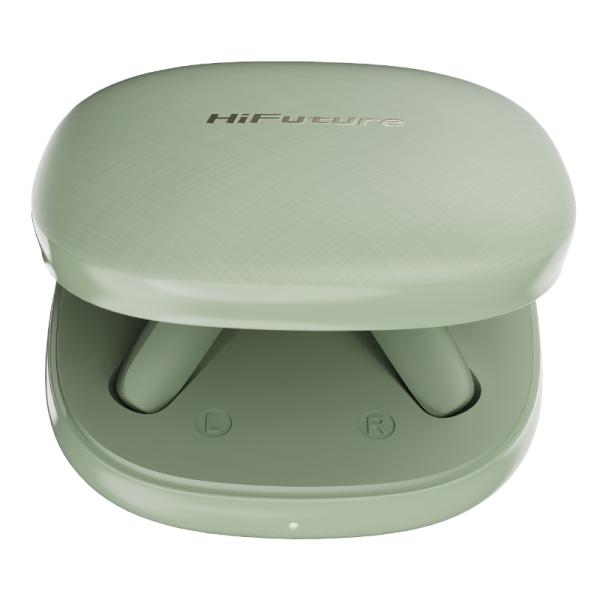 Audífonos HiFuture Sonic Core verdes con estuche de carga abierto mostrando los auriculares in-ear