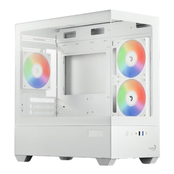 Case Gaming RGB Aerocool P300D vista frontal con panel de vidrio templado y ventiladores iluminados