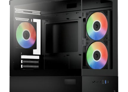 Case gaming Aerocool P300D vista frontal con panel de vidrio templado y ventiladores RGB 120mm