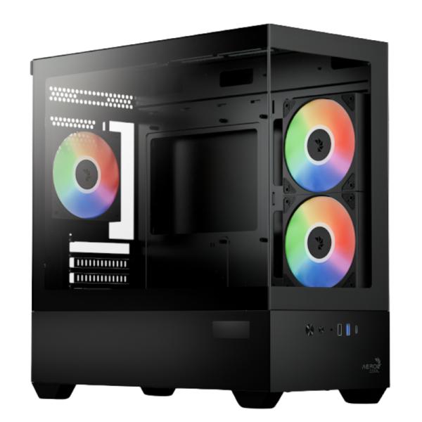 Case gaming Aerocool P300D vista frontal con panel de vidrio templado y ventiladores RGB 120mm
