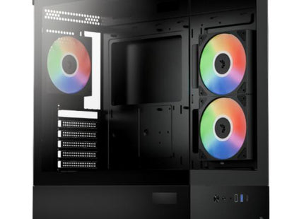 Case Gaming RGB Aerocool P500D vista frontal con panel de vidrio templado y ventiladores iluminados