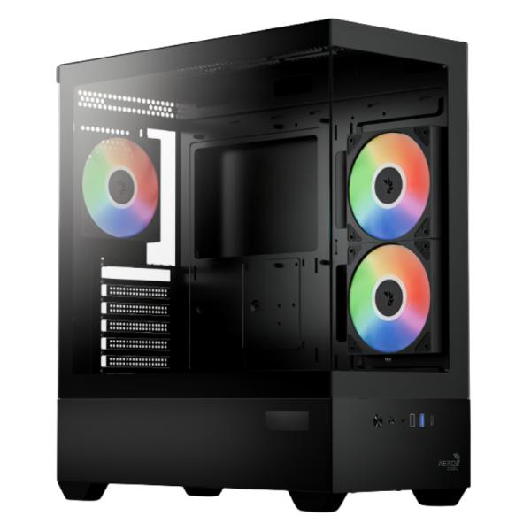 Case Gaming RGB Aerocool P500D vista frontal con panel de vidrio templado y ventiladores iluminados