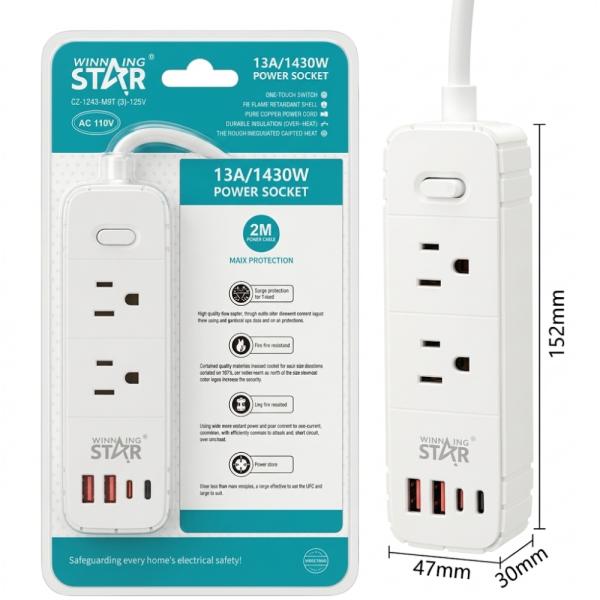 Regleta Winning Star ST-3202U, 6 Puertos (2 AC / 2 USB / 2 USB-C)