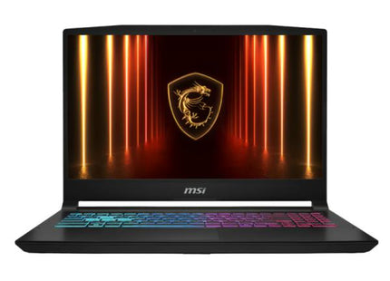 Laptop gaming MSI Katana 15 negra vista frontal con pantalla de 15.6 pulgadas