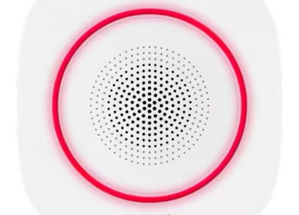 Sirena de seguridad Hikvision DS-PS1-I-WB ángulo lateral mostrando diseño compacto para montaje en pared interior