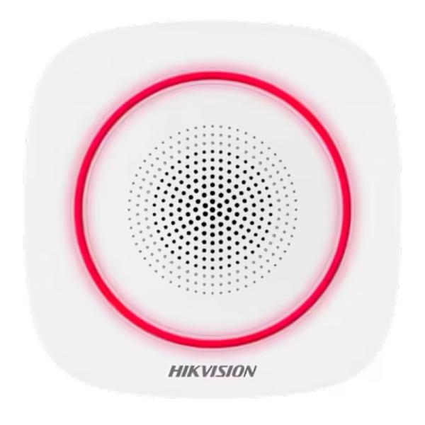 Sirena de seguridad Hikvision DS-PS1-I-WB ángulo lateral mostrando diseño compacto para montaje en pared interior