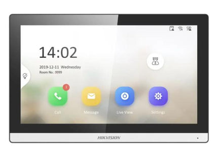Pantalla interior Hikvision DS-KH6350 vista frontal con display táctil para control de acceso