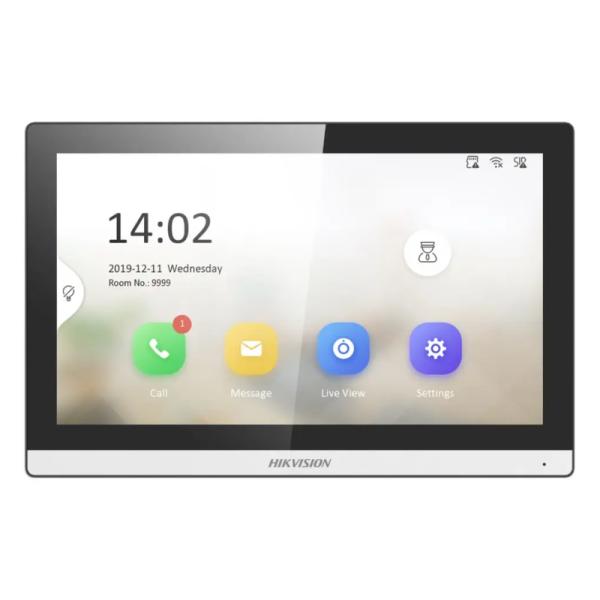 Pantalla interior Hikvision DS-KH6350 vista frontal con display táctil para control de acceso