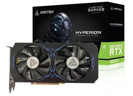 Tarjeta de video ARKTEK GeForce RTX 3050 6GB vista frontal con cooler y logo