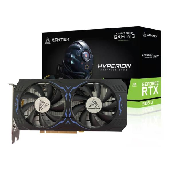 Tarjeta de video ARKTEK GeForce RTX 3050 6GB vista frontal con cooler y logo