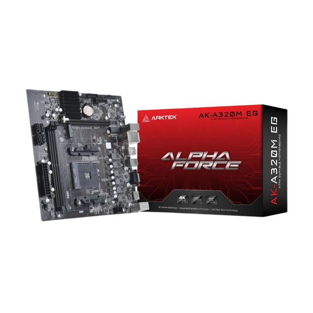 Tarjeta madre ARKTEK AK-A320M EG VS vista frontal completa con slots y conectores