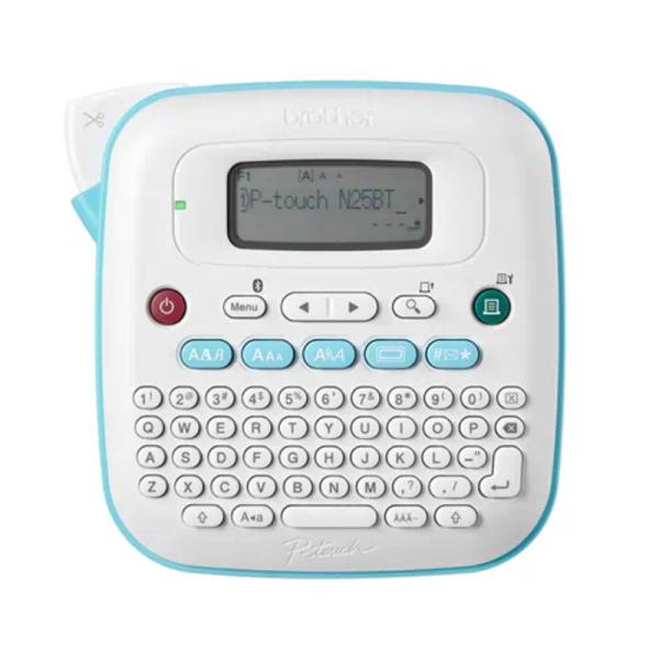 Impresora de etiquetas Brother PTN25BT portátil blanca con teclado QWERTY vista frontal