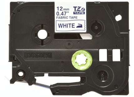 Cinta Brother TZEFA3G 12mm azul sobre blanco para impresora P-Touch vista frontal del cartucho
