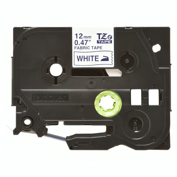 Cinta Brother TZEFA3G 12mm azul sobre blanco para impresora P-Touch vista frontal del cartucho