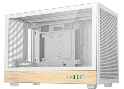 Case DEEPCOOL CH260 Wood blanco vista frontal con panel de vidrio templado y acabado madera