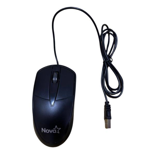 Mouse alámbrico NOVA MOD633US003C negro con cable USB vista frontal