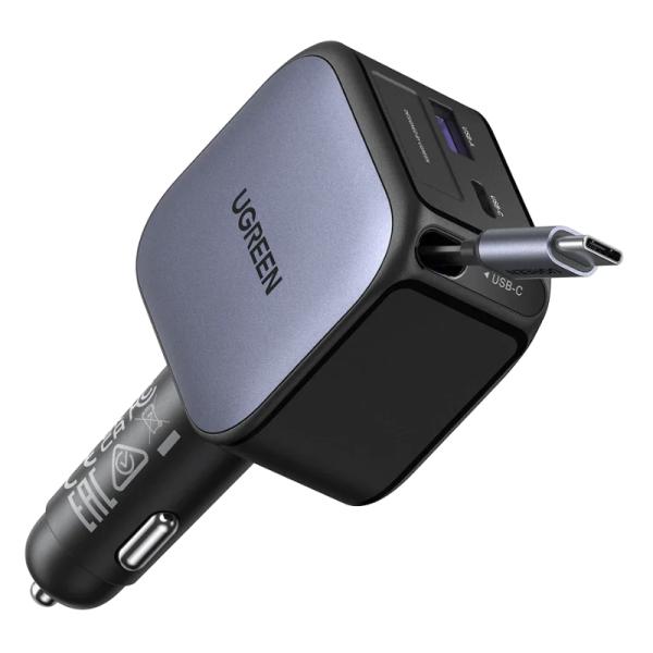 Cargador de carro retráctil UGREEN EC602 60W con puertos USB-C y USB-A vista frontal