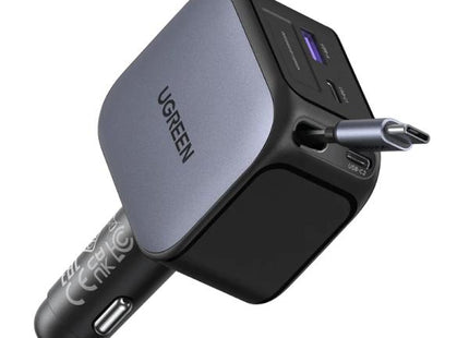 Cargador de carro UGREEN EC604 retráctil con puertos USB-C y USB-A vista frontal