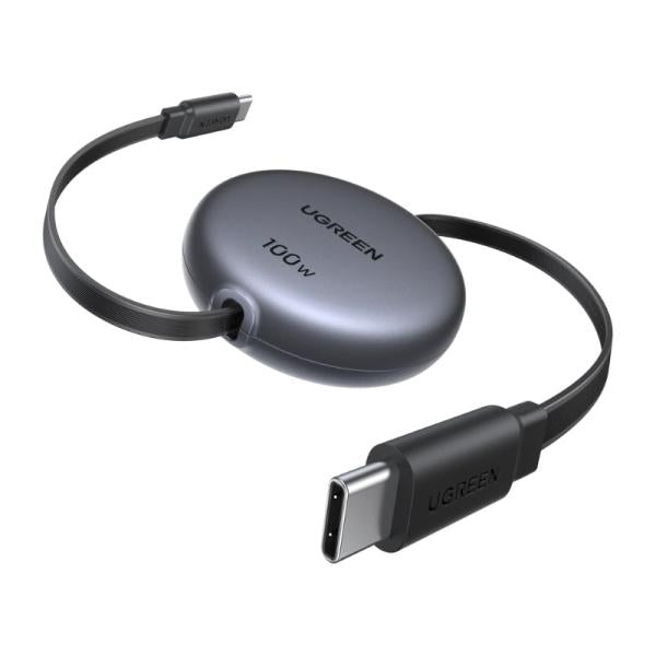 Cable retráctil UGREEN L531 USB-C negro con conectores visibles y mecanismo de retracción compacto