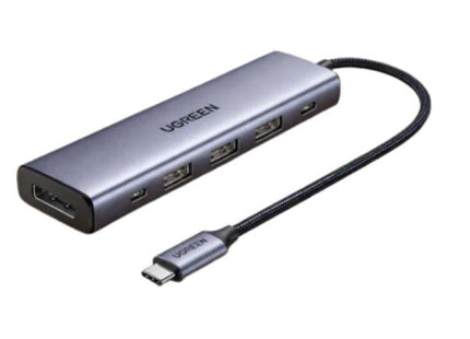 Hub USB-C UGREEN CM511 5 en 1 con múltiples puertos y cable conectado vista frontal