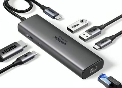 Hub USB-C UGREEN CM512 6 en 1 con puertos DisplayPort 4K y carga rápida 100W vista frontal