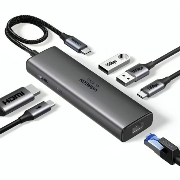 Hub USB-C UGREEN CM512 6 en 1 con puertos DisplayPort 4K y carga rápida 100W vista frontal