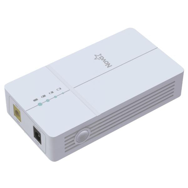 Mini UPS NOVA MDP-220 blanco vista frontal con puertos conectores
